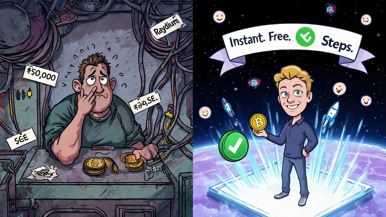 Split scene: stressed trader at clunky Raydium vs. happy trader on smooth PumpSwap with instant, free trading.