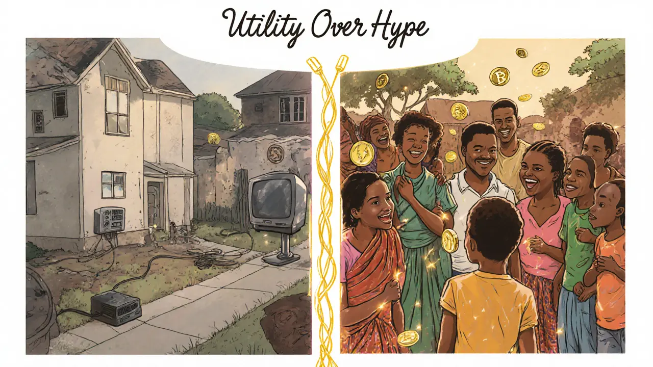 Split scene: unused hotspot in quiet suburb vs. thriving community network in Nigeria, with floating WNT tokens.