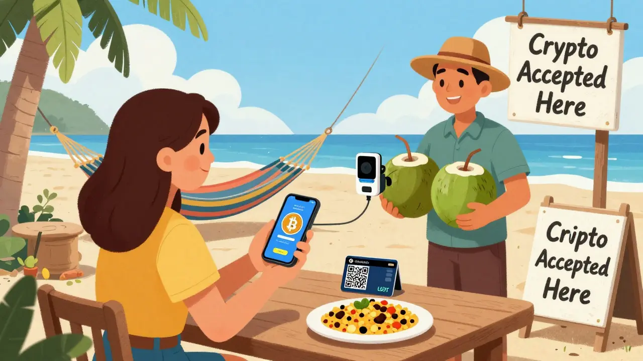 A beachside café in Tamarindo accepts crypto payments for coconuts, with a QR scanner and debit card on the table.