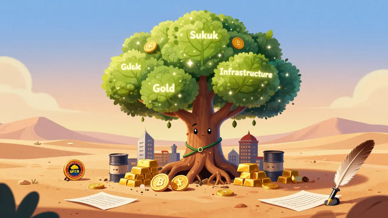 A blockchain tree grows from oil and gold, bearing tokenized asset leaves, with crushed Bitcoin coins below.
