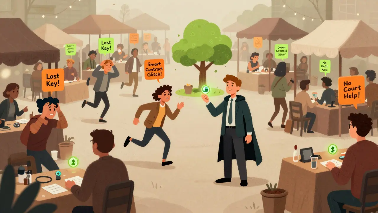 A chaotic marketplace where people flee from warning signs while one investor stands alone with a token.