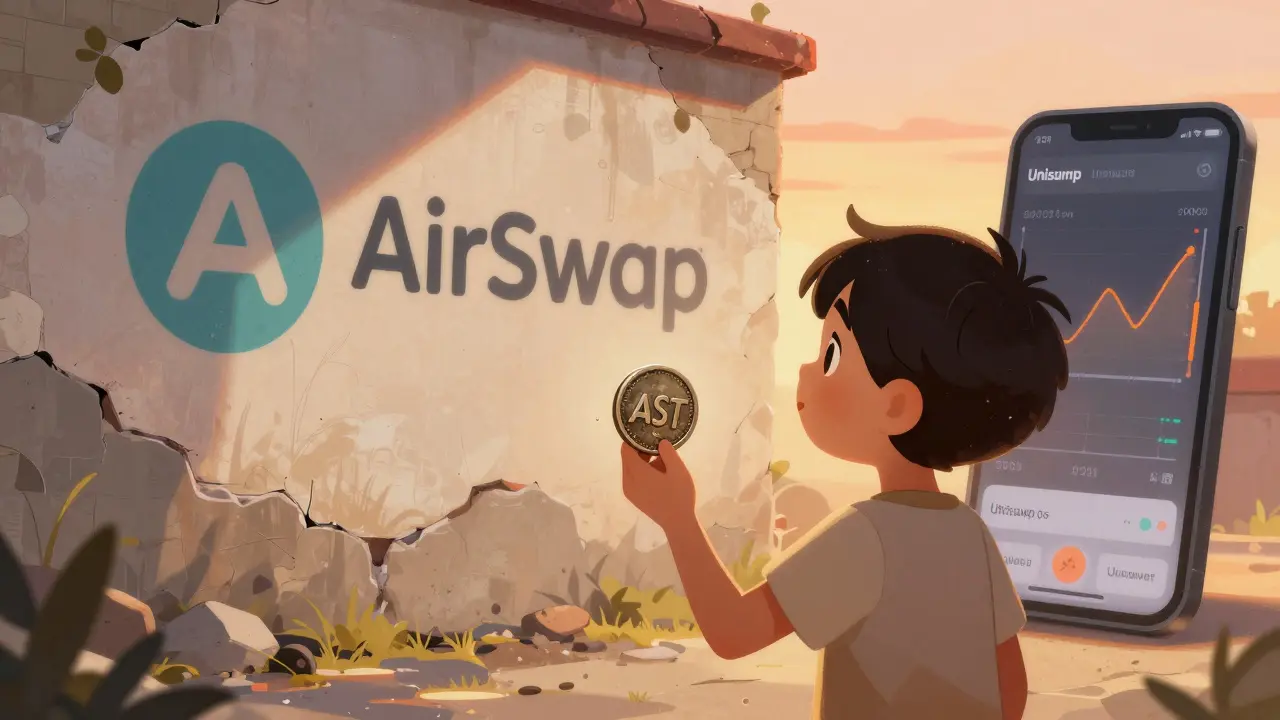 A child gazes at a faded AirSwap mural while a smartphone shows rising Uniswap volume behind them.