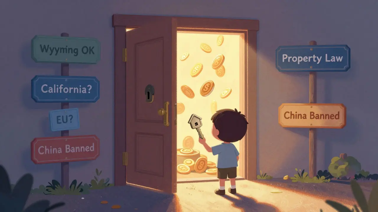 A child holding a house-shaped NFT key before a giant door marked with country-specific legal signs.