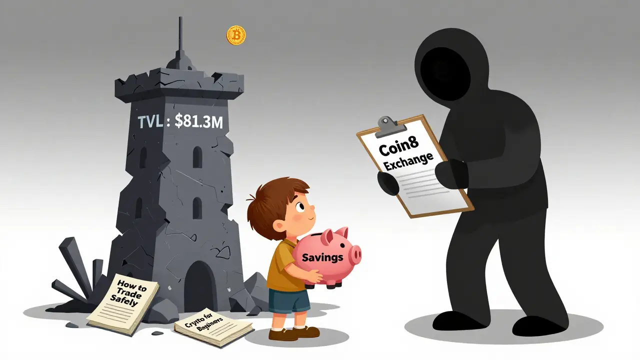 A child holds a savings piggy bank while a faceless figure offers a risky crypto exchange in shadow.