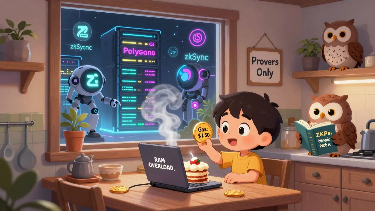 A child’s laptop overloads trying to create a proof, while a giant data center handles it in the background.