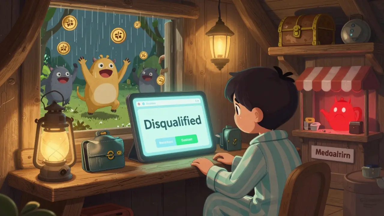 A confused player in pajamas stares at a 'Disqualified' screen in a digital wallet cabin, while others celebrate outside.
