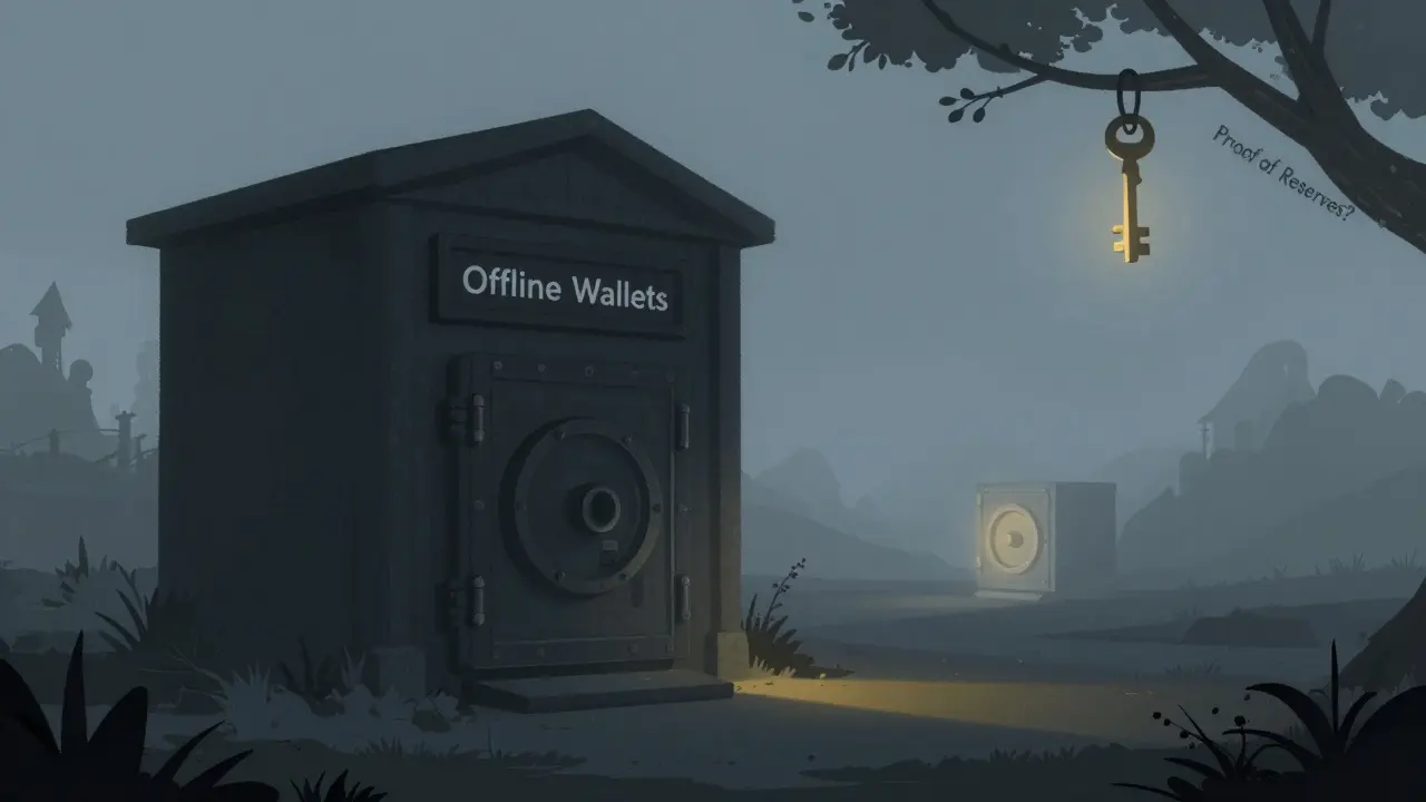 A dark, unnamed exchange building glows faintly with a single vault, surrounded by fog and no signs of regulation.