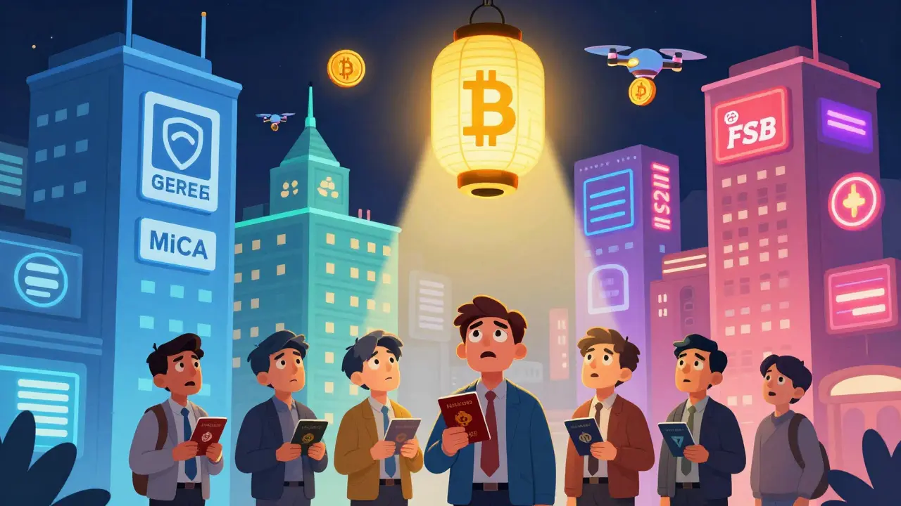 A digital city divided into MiCA and UK-US crypto zones, with a giant FSB lantern shining above traders holding passports.