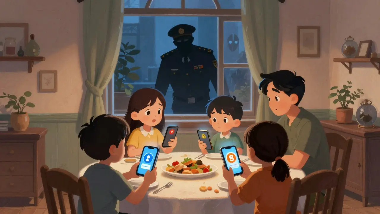A family at dinner, their phones showing crypto warnings, with a government figure watching from outside the window.