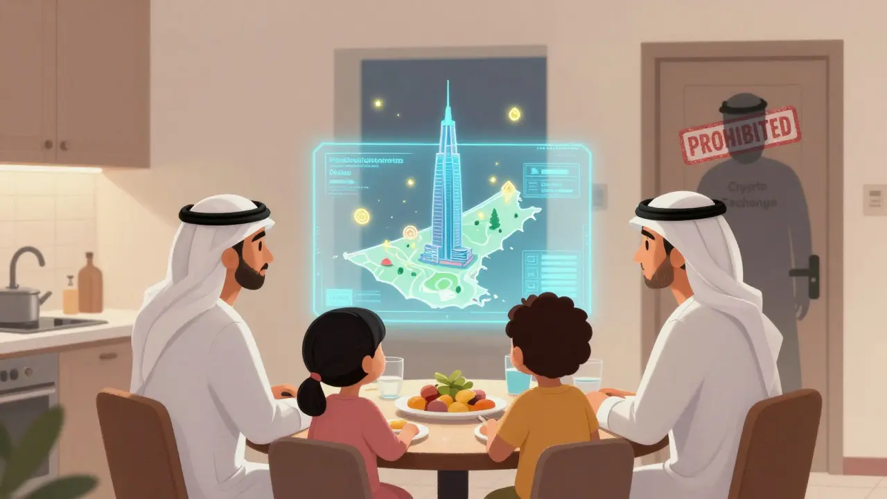A family views a digital ownership certificate for a skyscraper while banned crypto fades away.