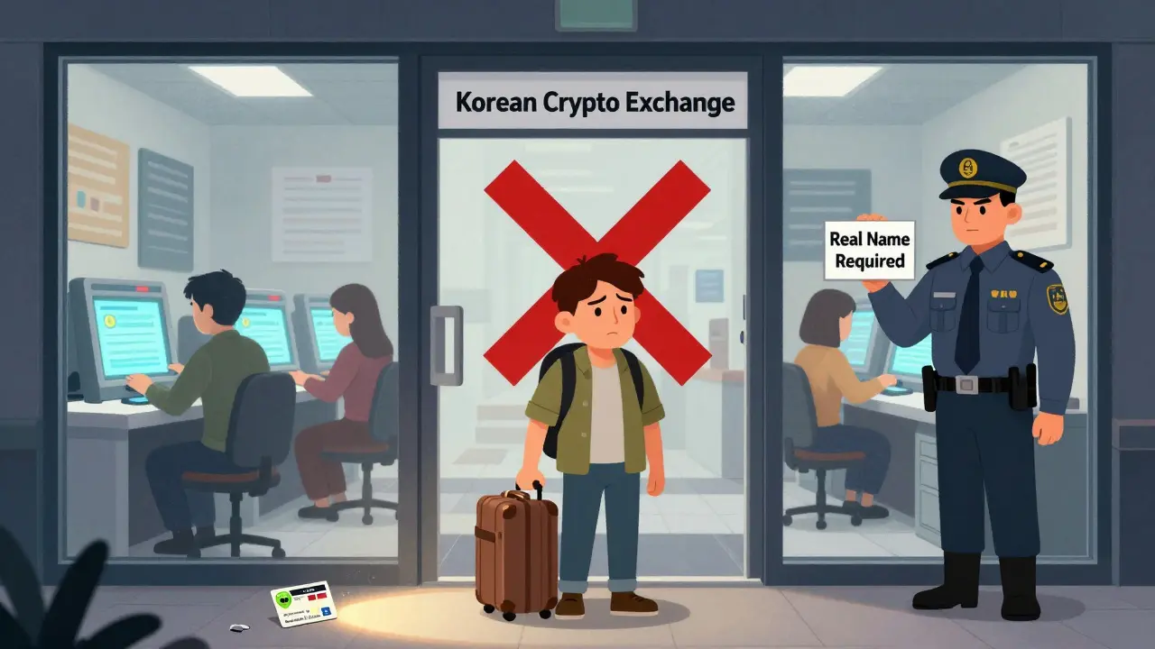 A foreign tourist is denied entry to a Korean crypto exchange, while locals trade securely inside under strict rules.