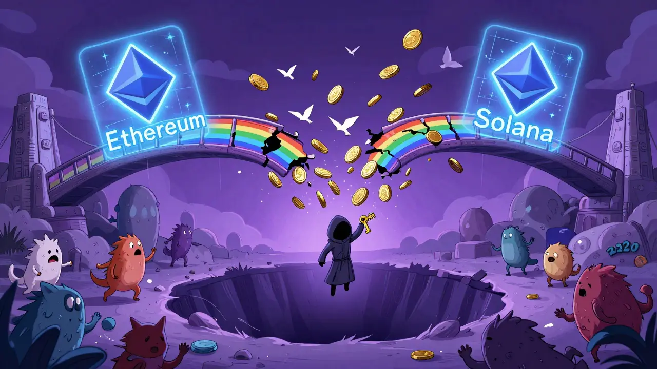A fragile rainbow bridge snaps mid-air as wrapped Ether coins multiply into birds, while a hooded hacker drops a key into darkness.