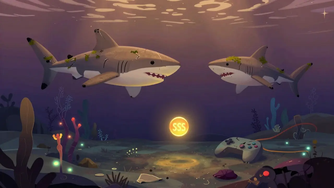 A frozen underwater kingdom of NFT sharks sinking into darkness with a broken game controller.