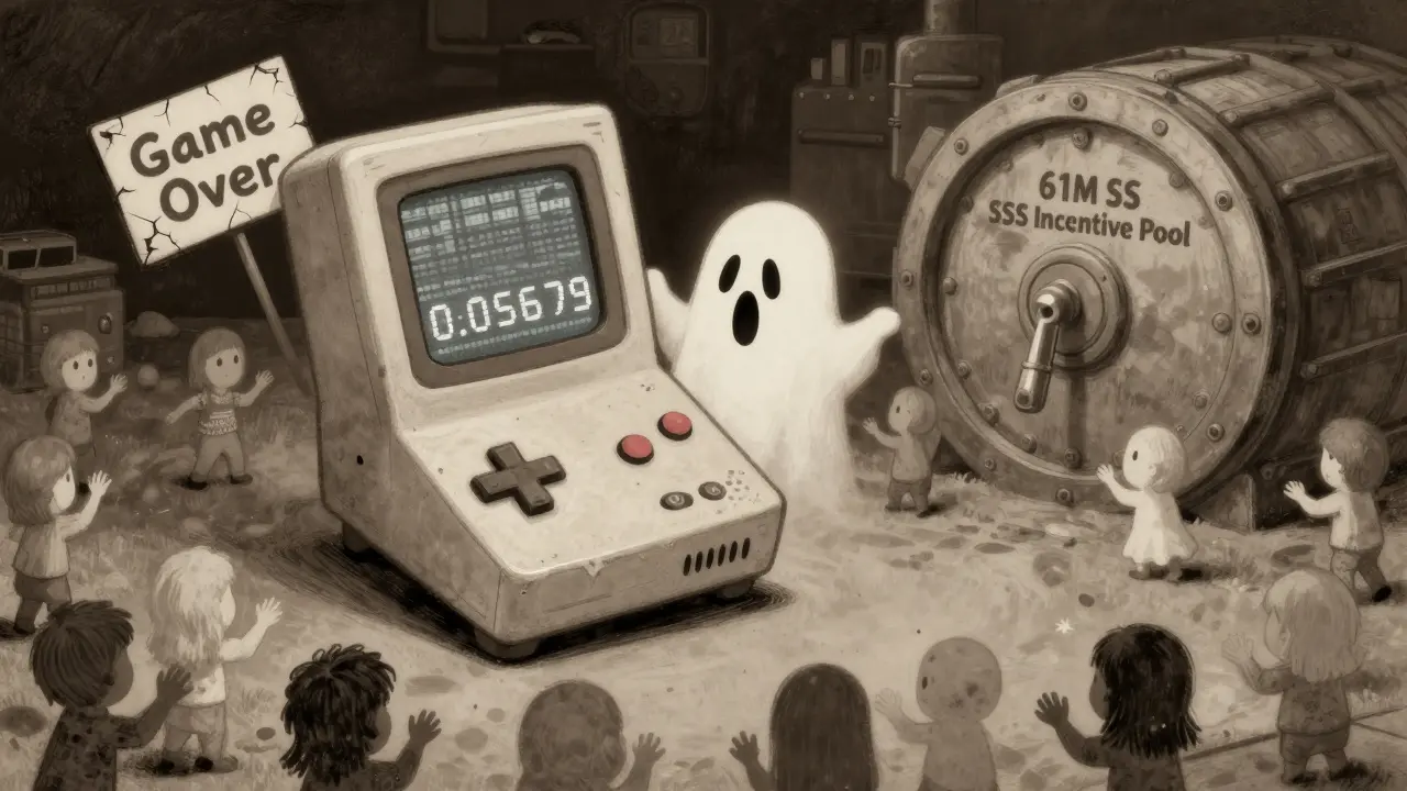 A ghostly game console showing a zero price as users reach for a locked vault of undistributed tokens.