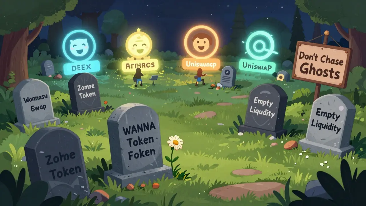A graveyard of failed crypto projects with a wilted flower on Wannaswap's grave, while active exchanges glow in the distance.