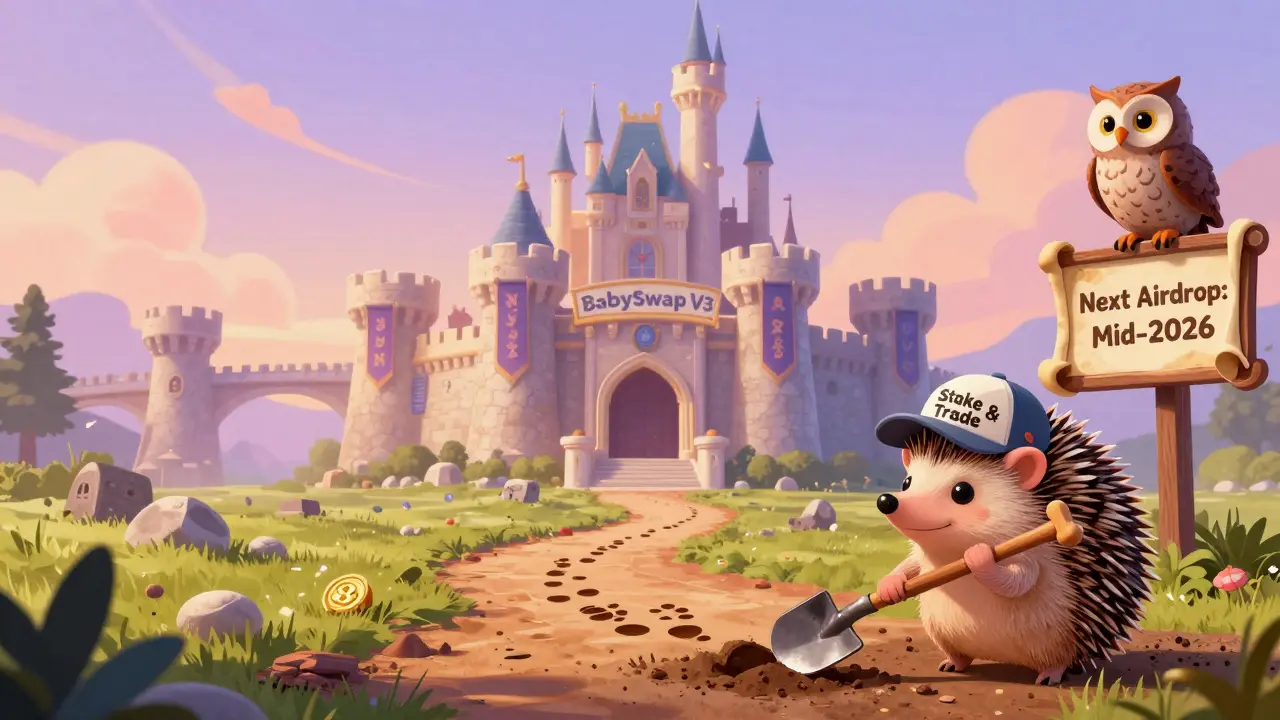 A hedgehog digging toward a futuristic BabySwap castle, guided by an owl, as dawn breaks over digital bridges.