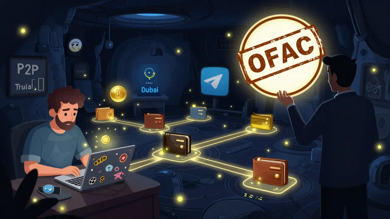 A hidden network of crypto wallets and Telegram bots connects cities across borders, glowing softly in the dark.