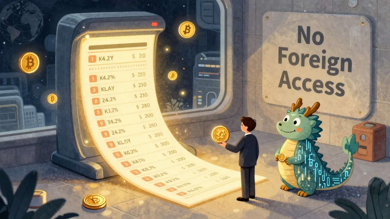 A Korean trader pays 24.2% crypto tax to a data dragon, while global crypto symbols are blocked by a wall labeled &#039;No Foreign Access&#039;.