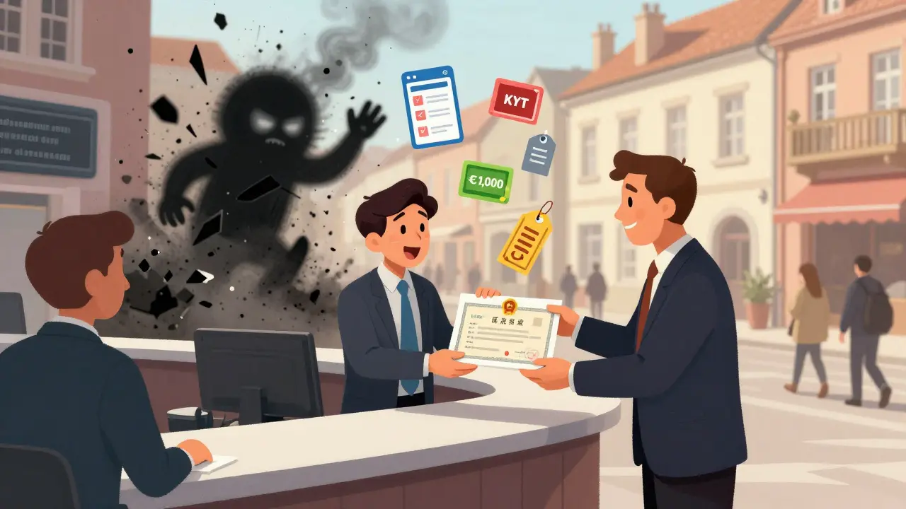 A licensed crypto exchange counter with a crumbling unlicensed one in the background, glowing with light and smoke.