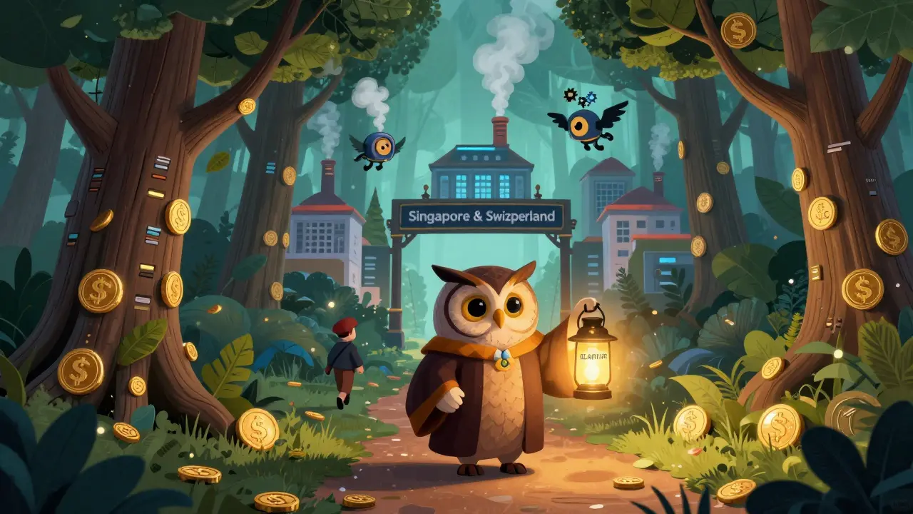 A magical forest of blockchain trees with SEC and CFTC leaves, a wise owl holding a CLARITY lantern, developers fleeing toward a distant gate.