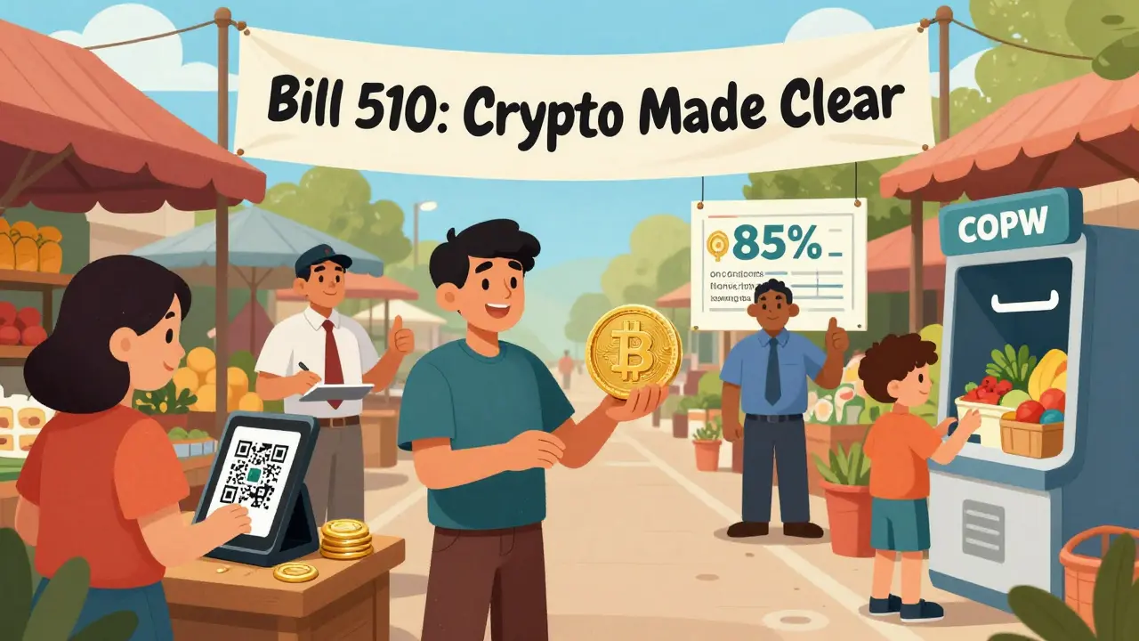 A market where people pay with crypto, receive stablecoins, and convert to pesos under a clear law banner.