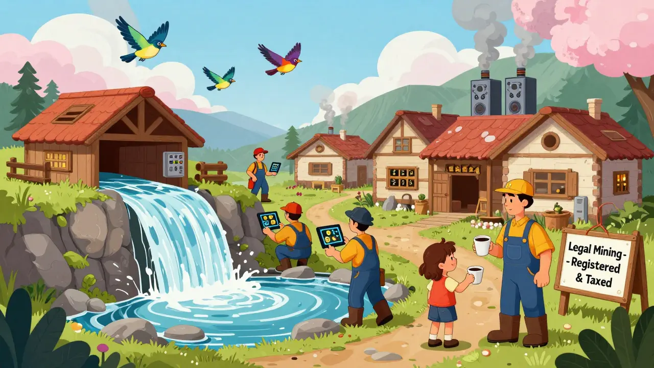 A mountain mining farm powered by water, with miners and a child, under a &#039;Legal Mining&#039; sign.