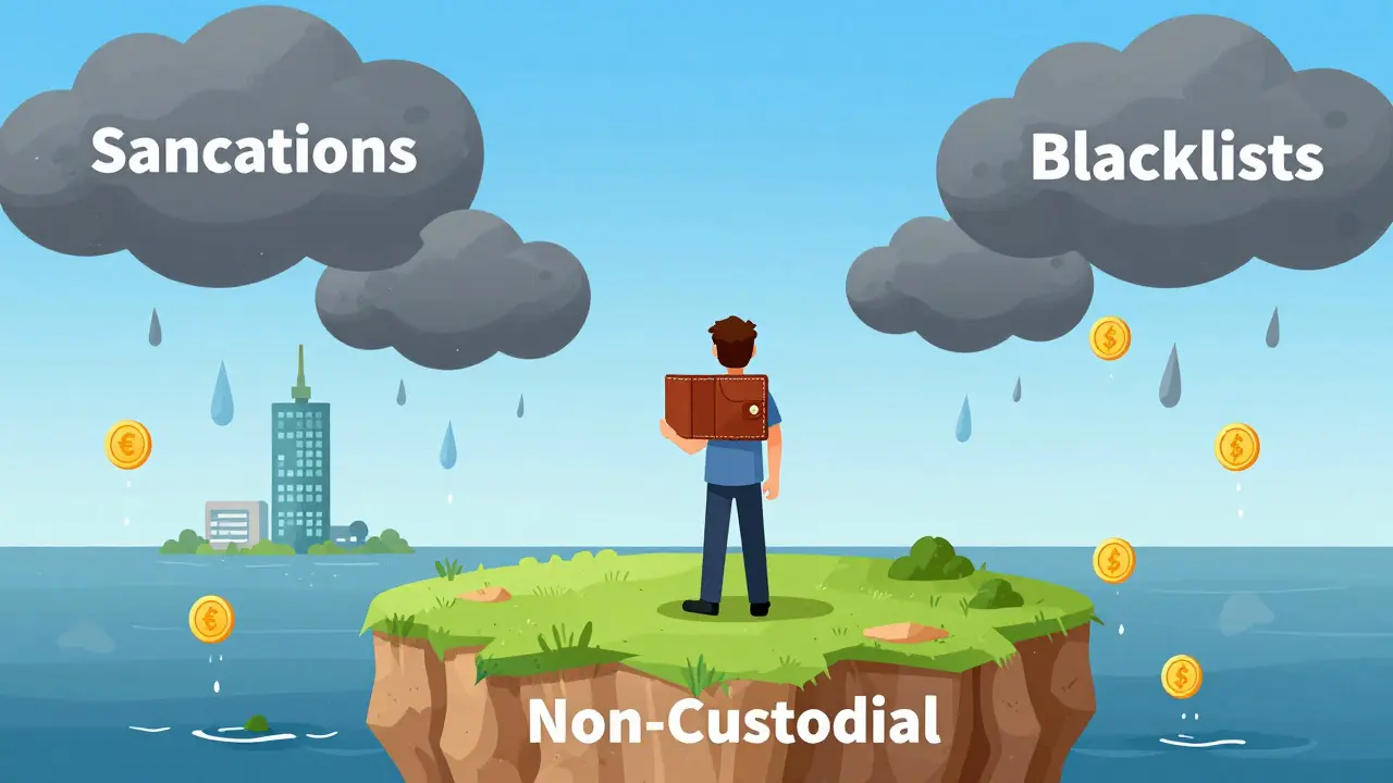 A person holding a hardware wallet safely on an island while sanctions storm rages around offshore exchanges.