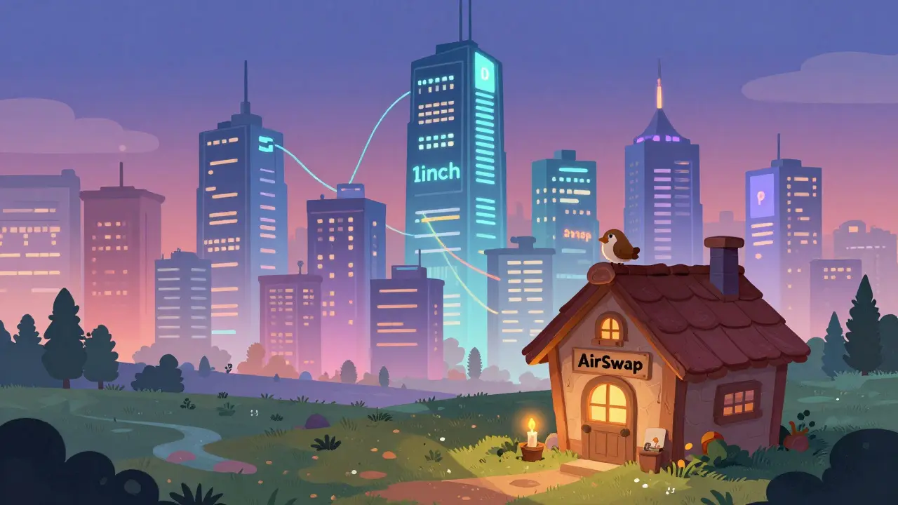 A quiet AirSwap cottage stands alone while a vibrant DeFi city glows brightly in the background.