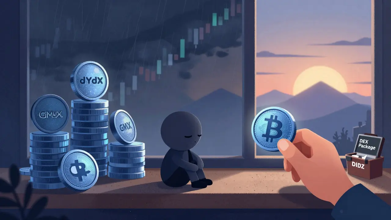 A small, dim ODDZ token on a shelf beside larger tokens, with a developer reaching for it as dawn rises over Bitcoin Layer 2 mountains.