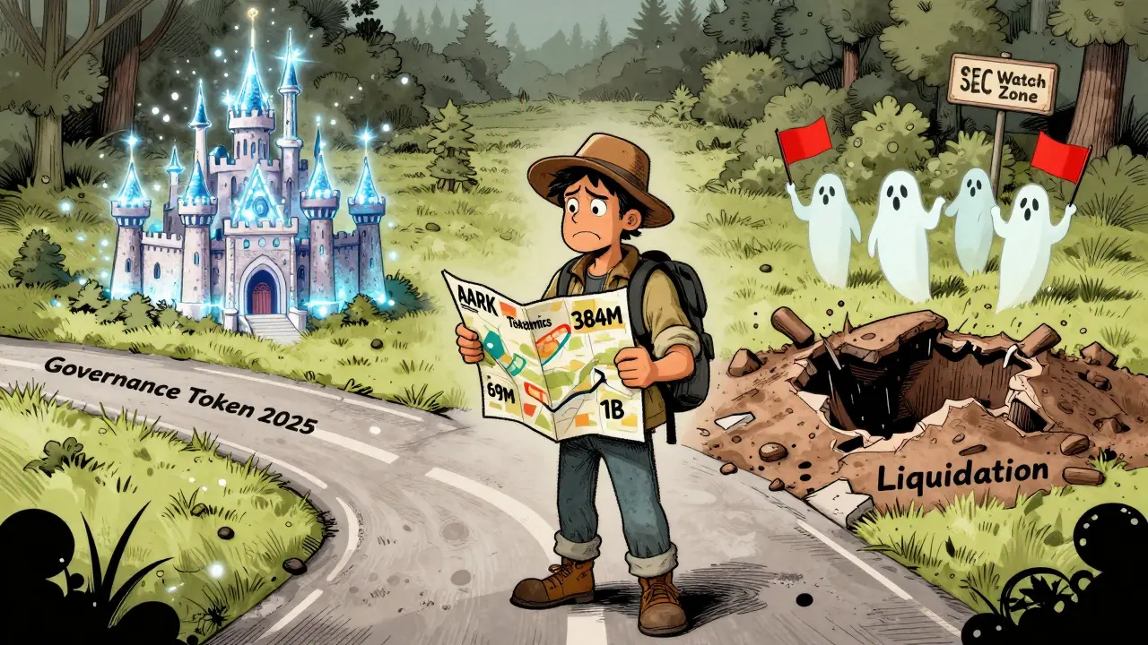 A traveler confused by changing token supply numbers at a fork leading to governance or liquidation.