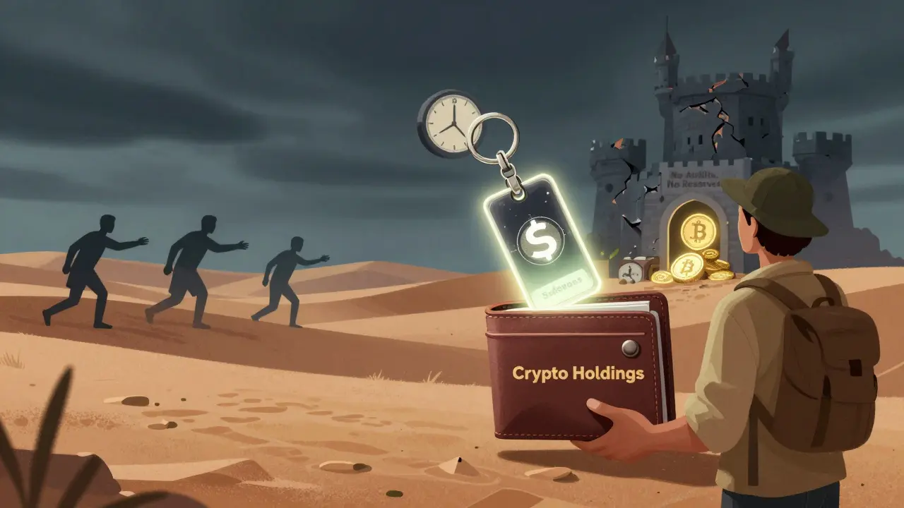 A traveler in a digital desert with a SafePass keychain unlocking a vault for family, as a crumbling unregulated exchange fades behind.