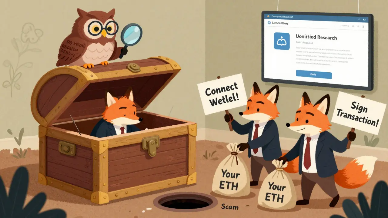 A treasure chest wallet is being robbed by foxes in suits, while a wise owl watches over a verified blockchain explorer.