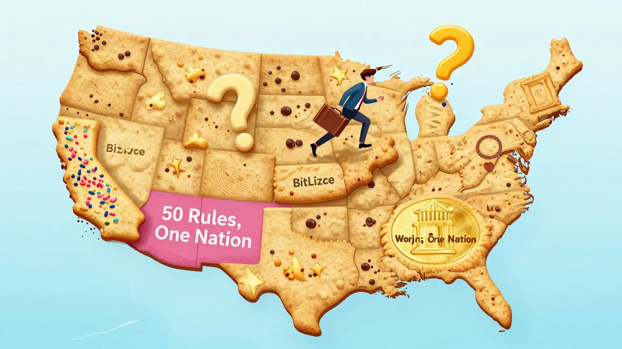 A U.S. map made of state-themed cookies, with a tiny entrepreneur jumping between them, dodging compliance traps labeled '50 Rules'.