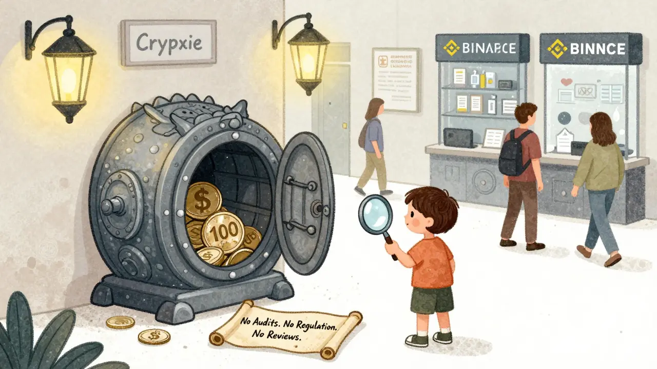A user deposits 0 into a dragon vault labeled Crypxie while ignoring warning signs about audits and regulation.