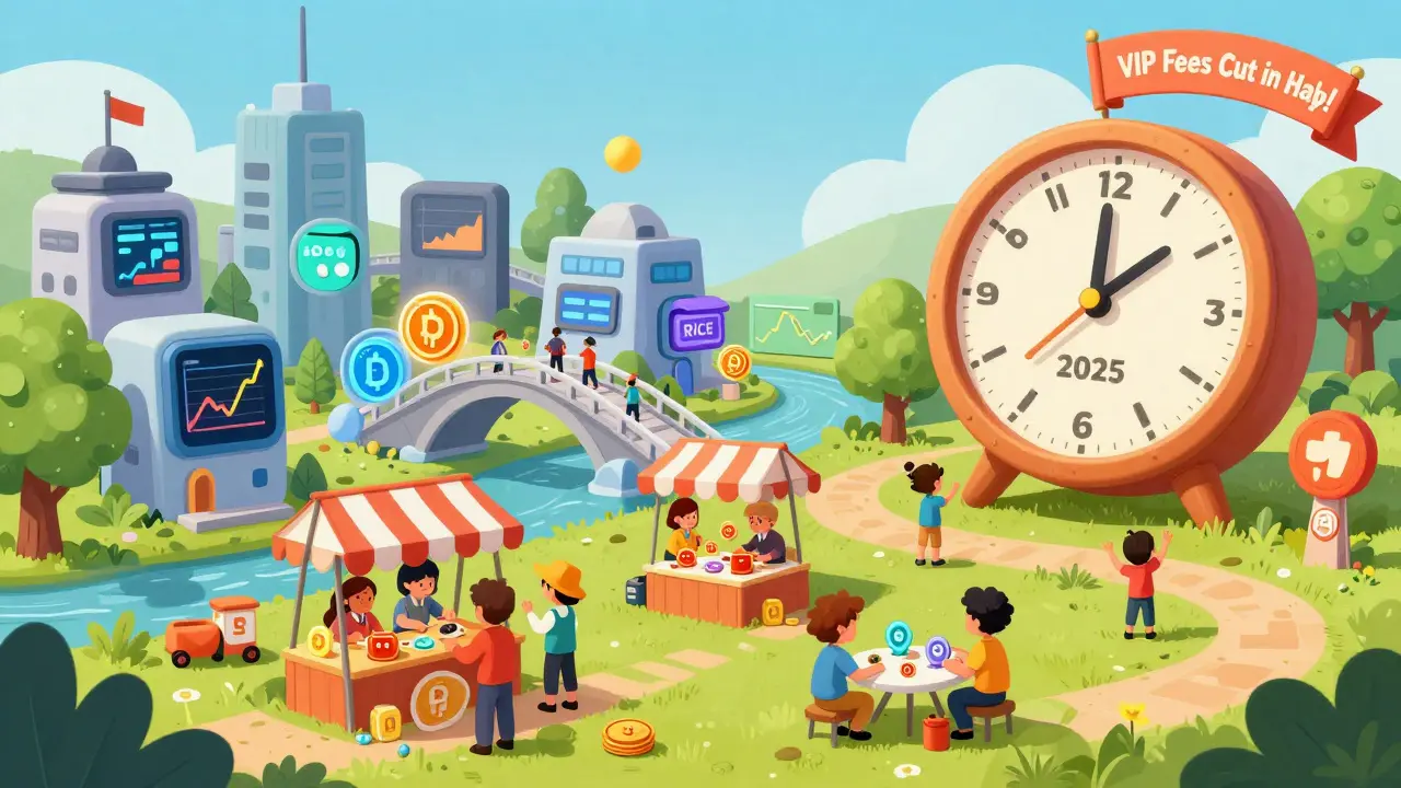 A vibrant digital town where people trade ONUS tokens and use wallet-powered bridges.