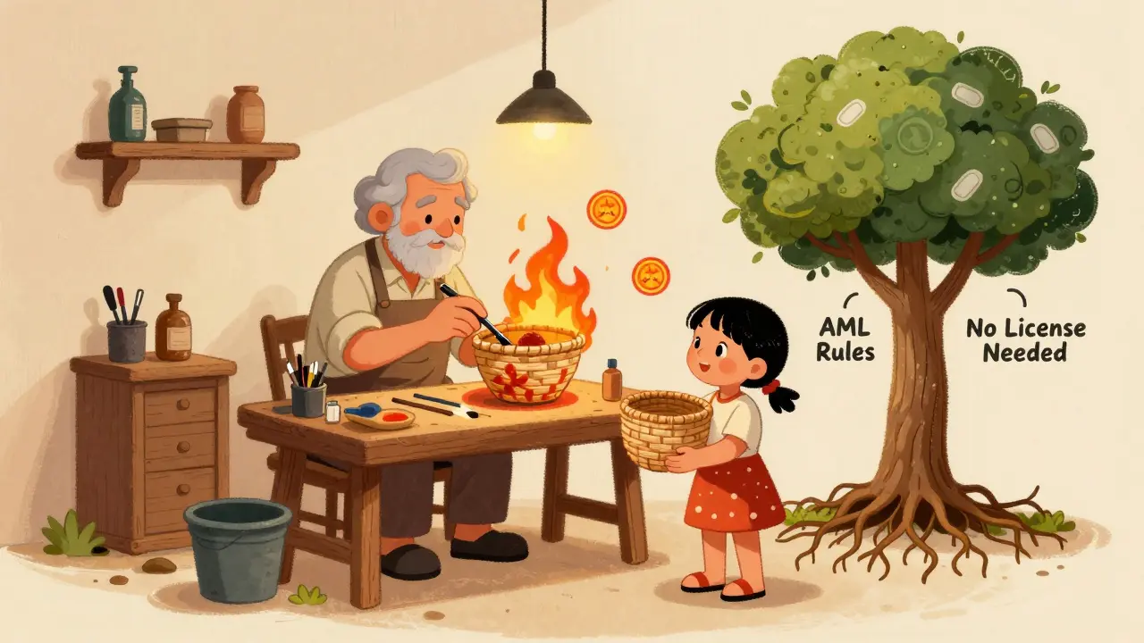 An artist mints an NFT of a woven basket, with a blockchain tree growing beside them in a cozy workshop.