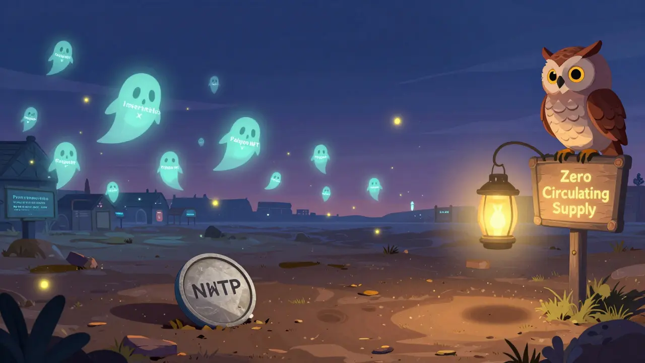 An empty digital marketplace with ghostly NFTs drifting, one faded NFTP token lying in the dirt while active projects glow in the distance.