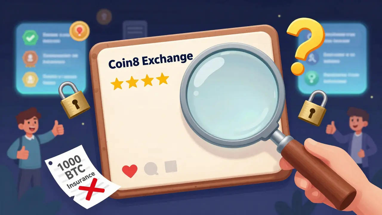 An empty review board for Coin8 Exchange floats with question marks and a torn insurance paper marked with an X.