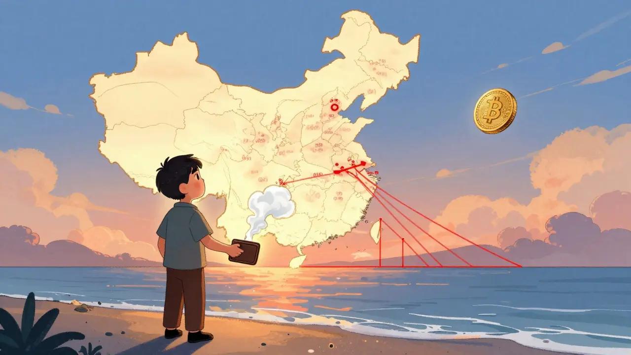 An expat on a shore watching a crypto wallet vanish as surveillance lines from China reach across the ocean toward a digital yuan coin.
