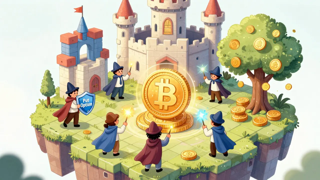 Cartoon traders in a floating castle using magic wands to trade options and stake tokens in a magical DeFi world.