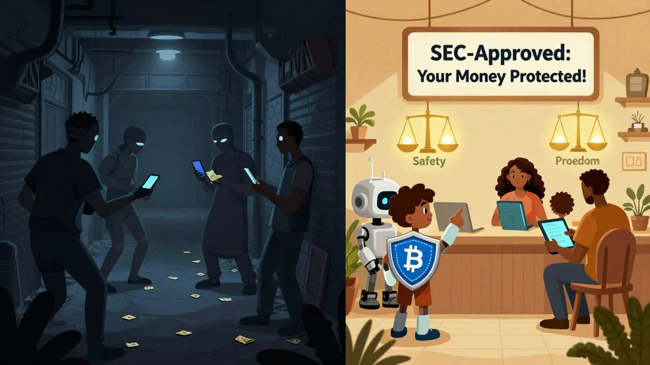 Contrast between illegal underground crypto trades and a safe, SEC-approved digital exchange hub.