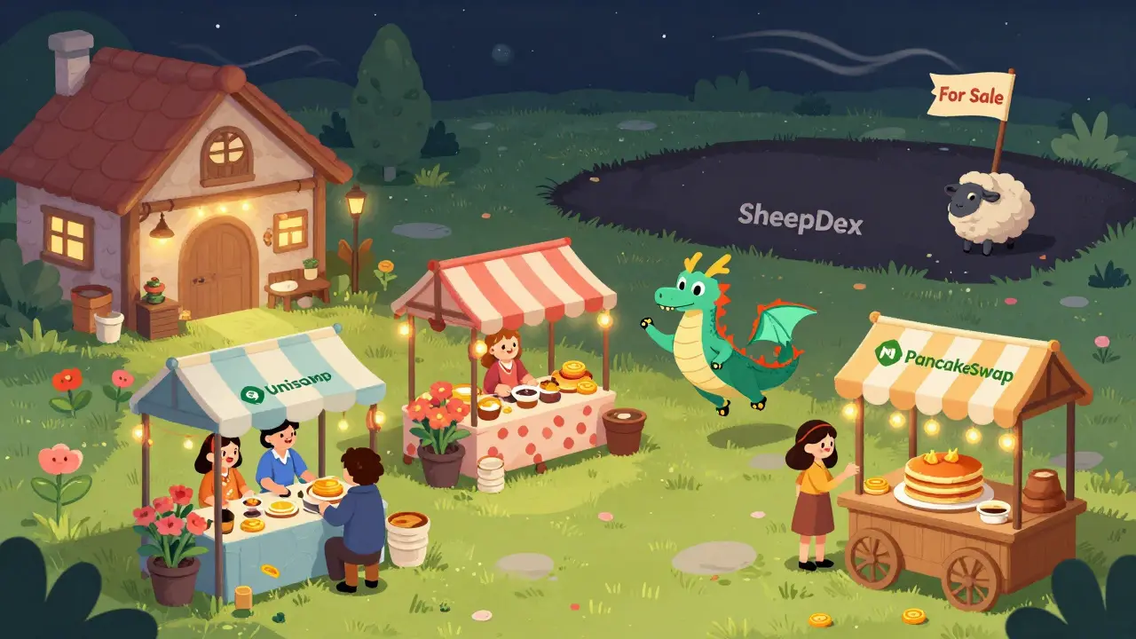 Cozy DeFi village with active exchanges; distant empty plot labeled SheepDex has a wilted sheep statue.