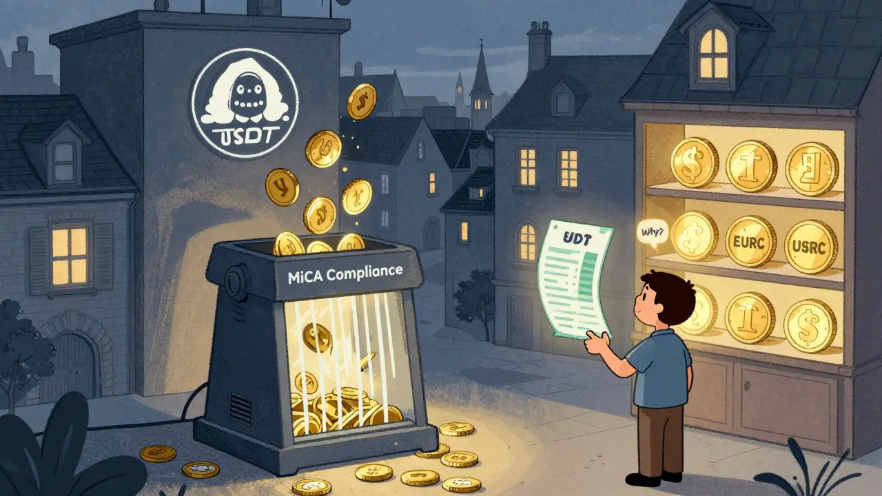 European city with USDT coins being shredded under MiCA rules, trader holding converted balance receipt.