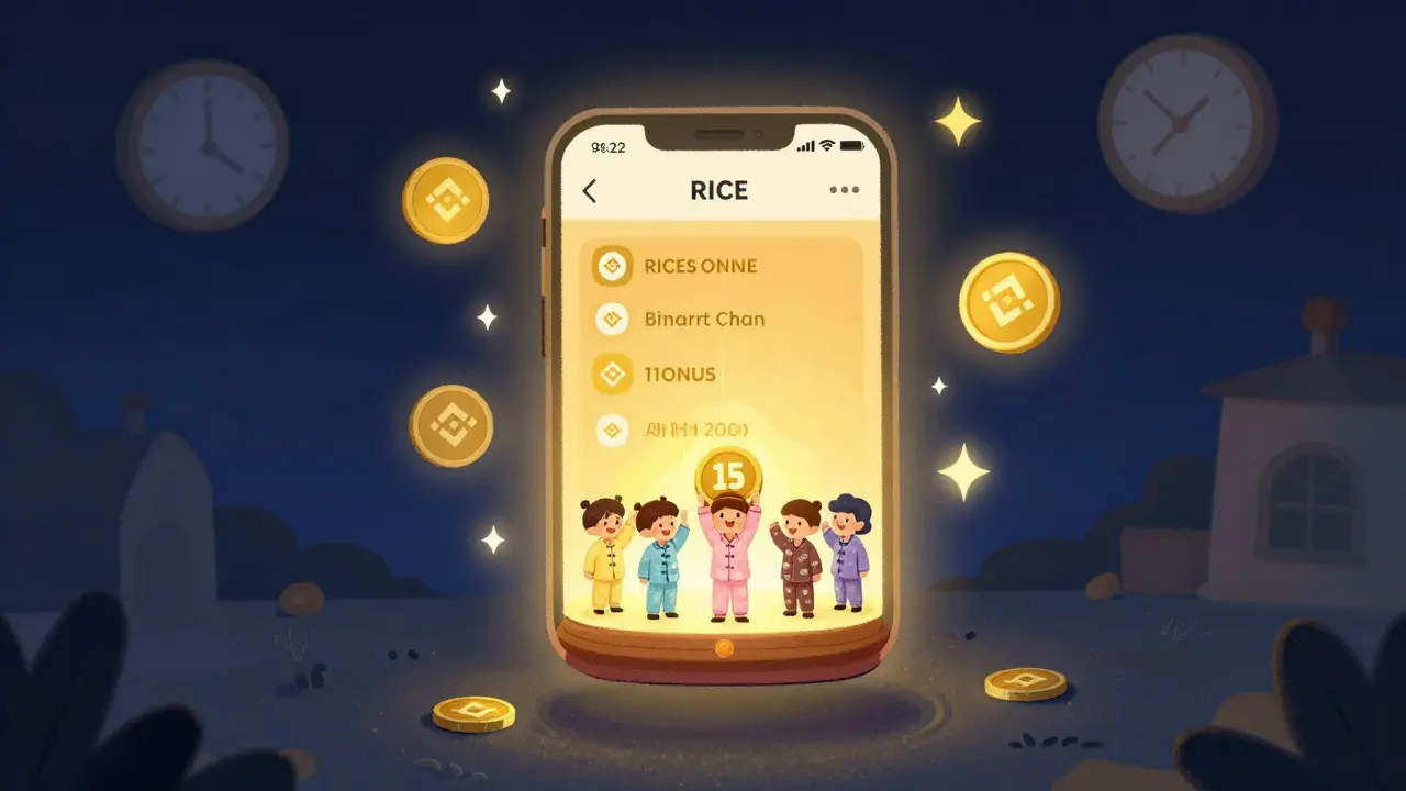 Five happy users receiving ONUS tokens from a glowing RICE Wallet app at night.