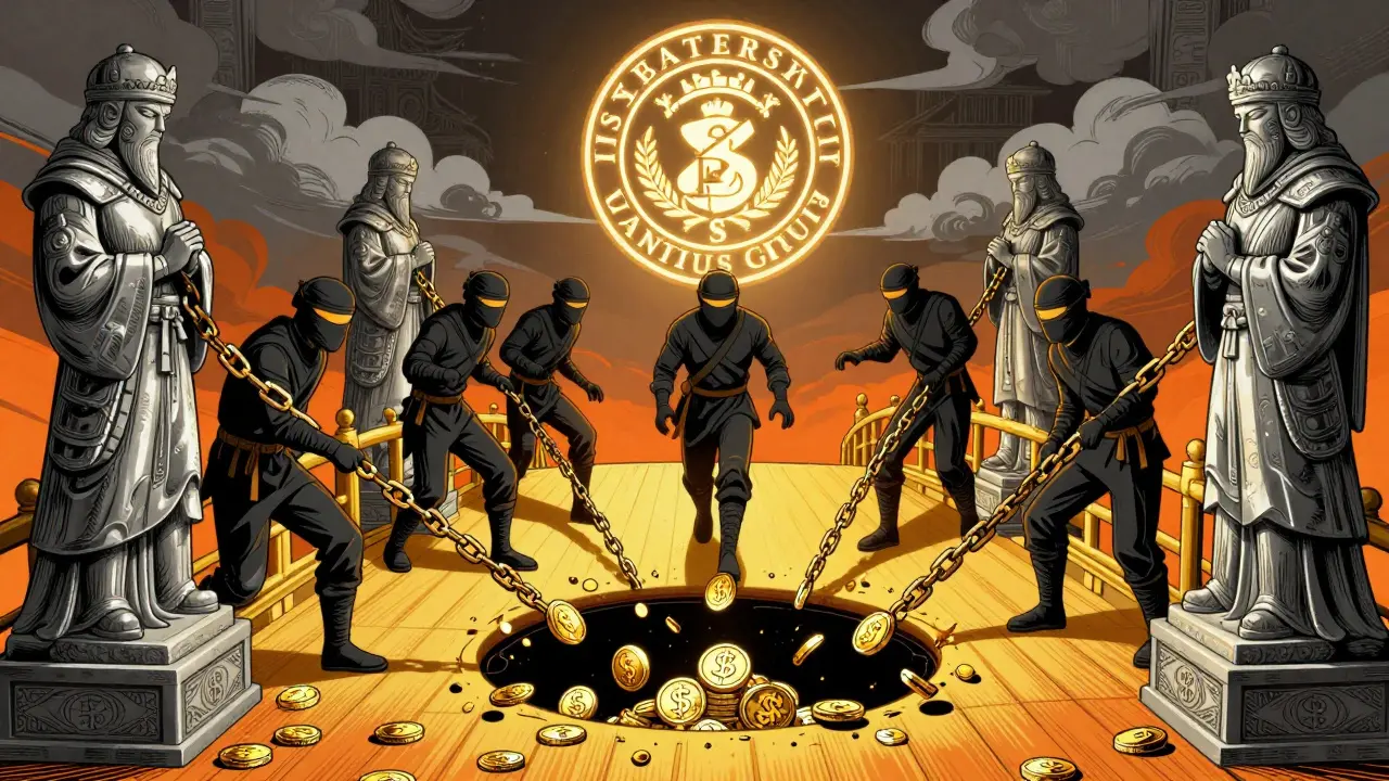 Five masked figures replace guardian statues on a golden bridge as millions in crypto coins spill into a black hole under a glowing U.S. Treasury seal.