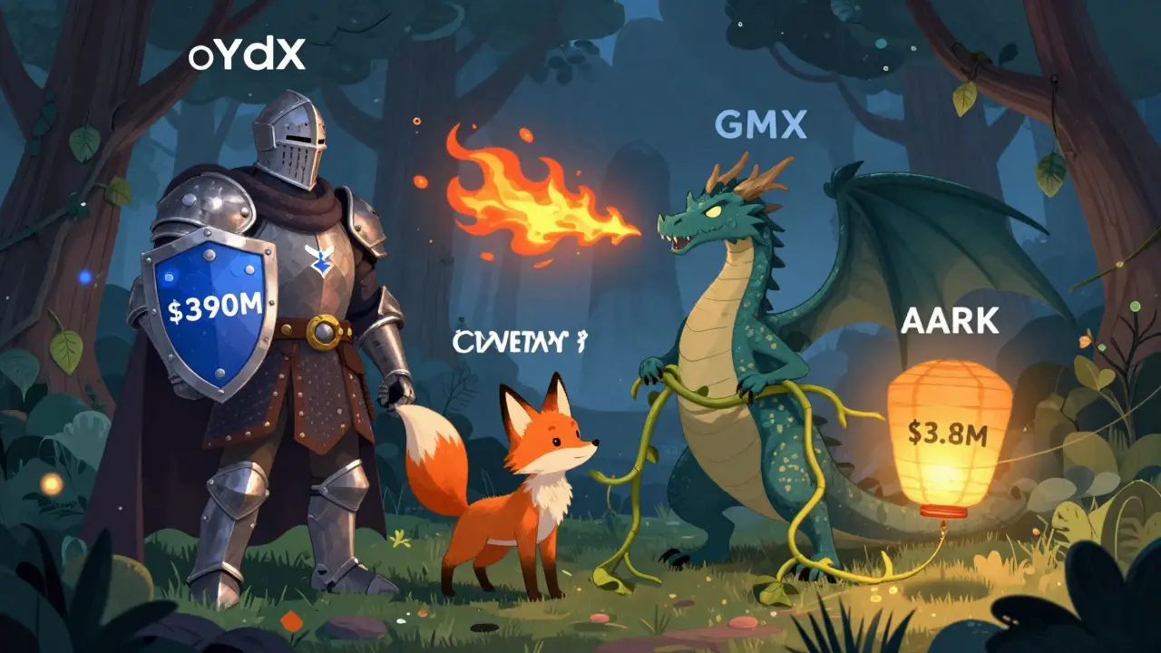 Four animated trading platforms compared as creatures in a blockchain forest, with AARK as a flickering lantern.