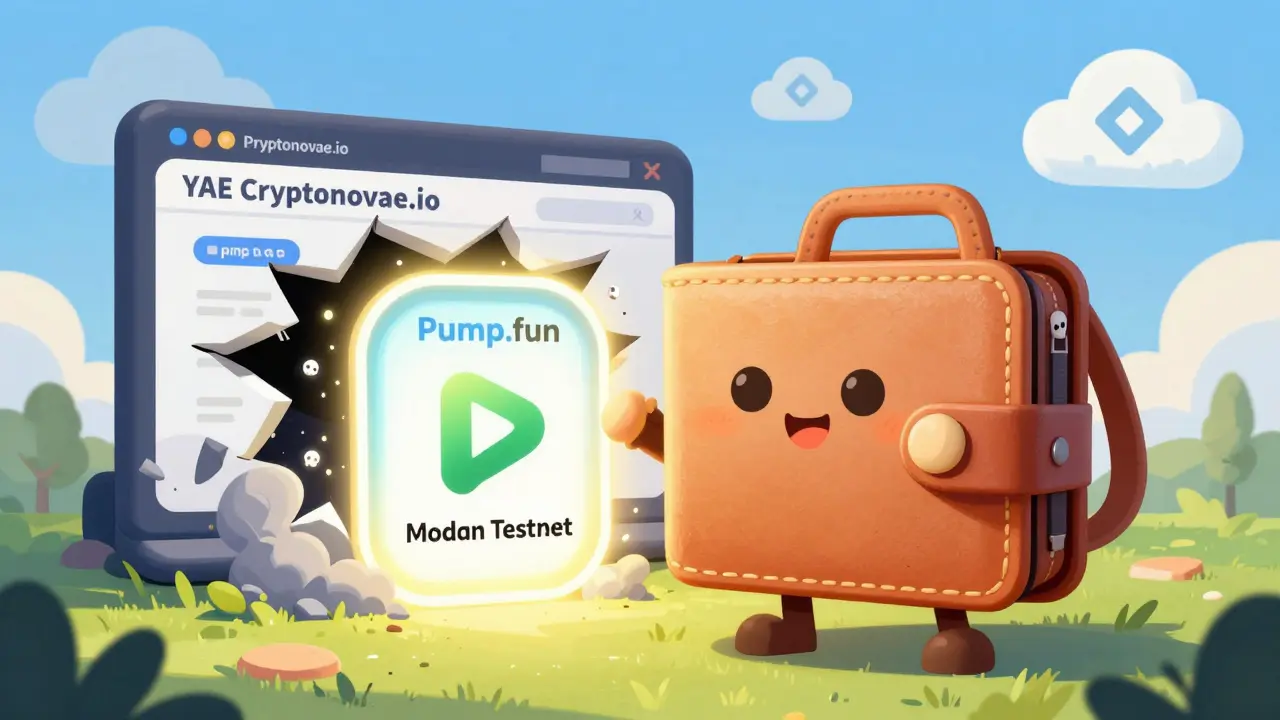 Friendly wallet standing beside real airdrop portals as a fake website crumbles into smoke.