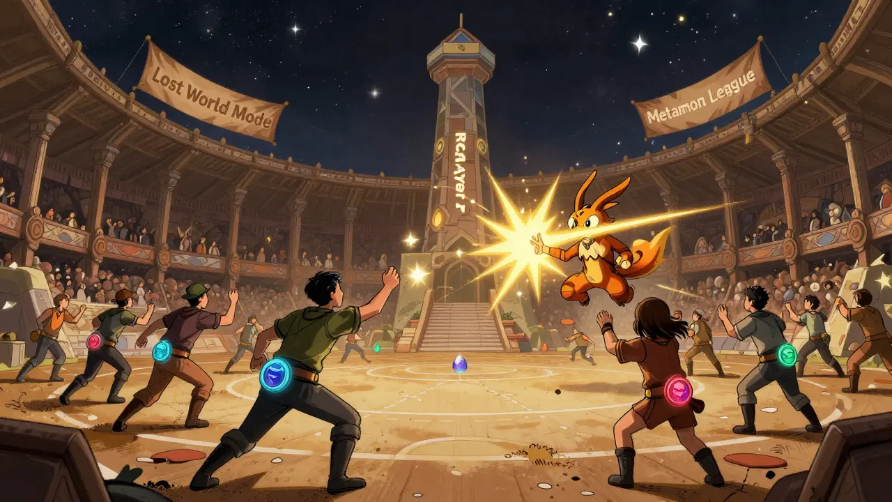 Metamons battle in a magical arena with Potion NFTs glowing, as a new Layer-1 blockchain tower rises in the distance.