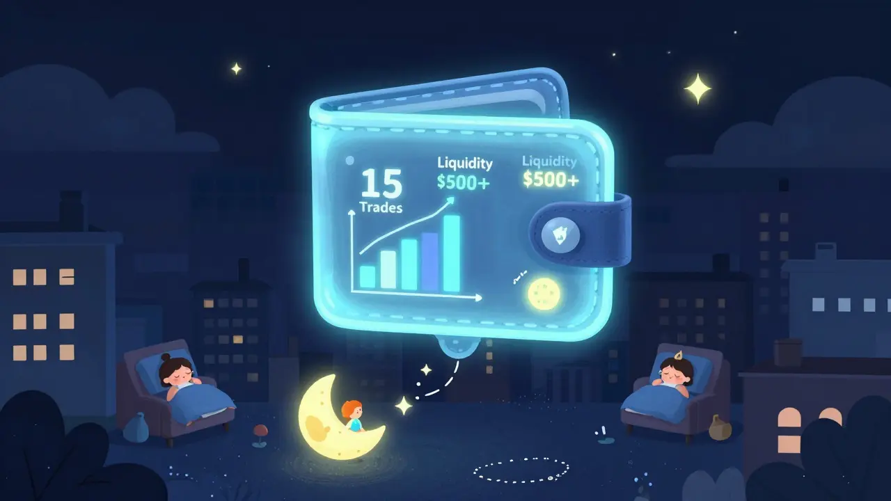 Nighttime city with glowing wallets showing staking, trading, and NFT activity under a BABY-shaped moon.
