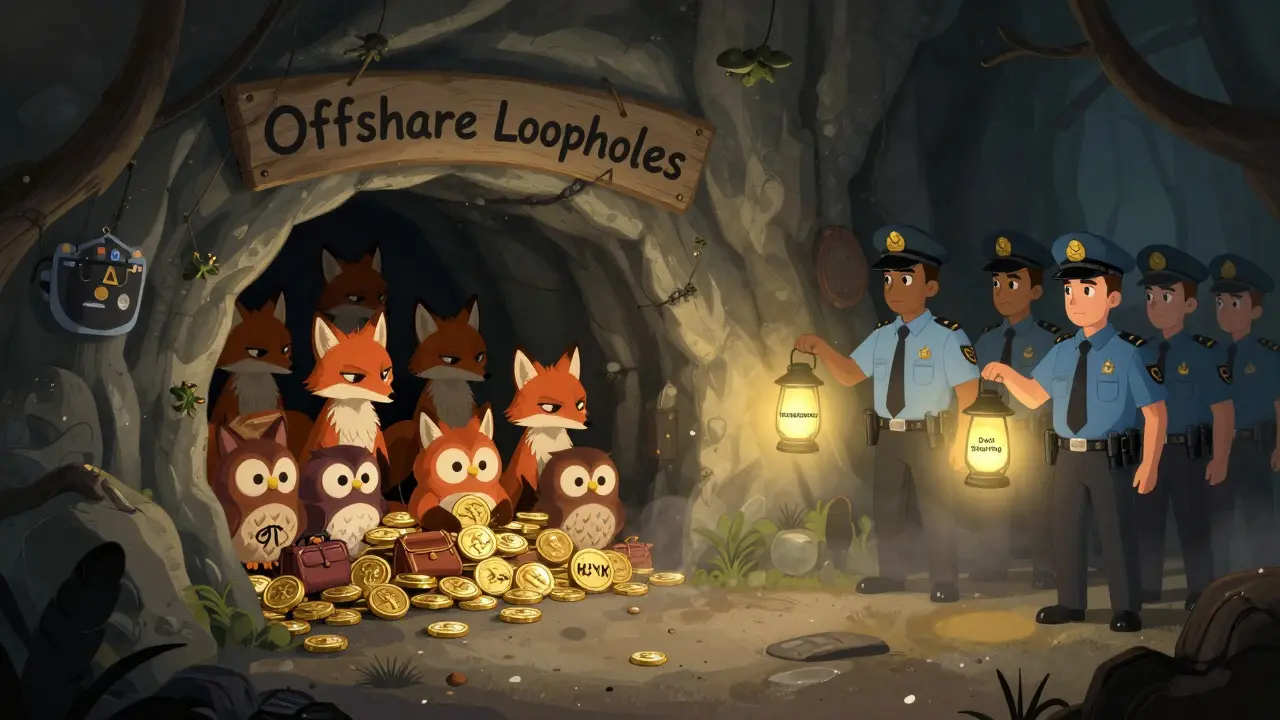 Shadowy cave of crypto loopholes being illuminated by regulators holding lanterns labeled 'KYC', 'Transparency', and 'Data Sharing'.